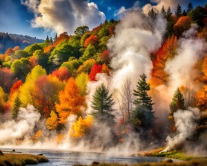 Vibrant autumn foliage paints a picturesque landscape with steam rising above a tranquil river