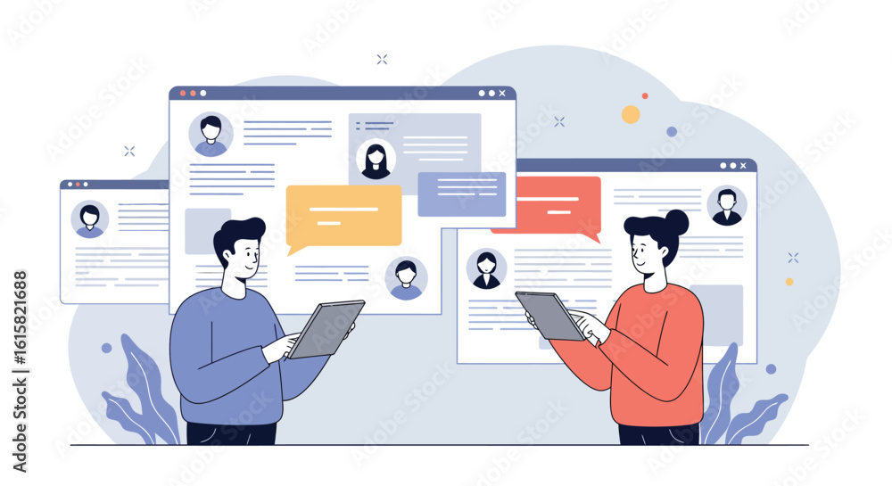 Poster online communication concept with people using digital devices for chatting and messaging