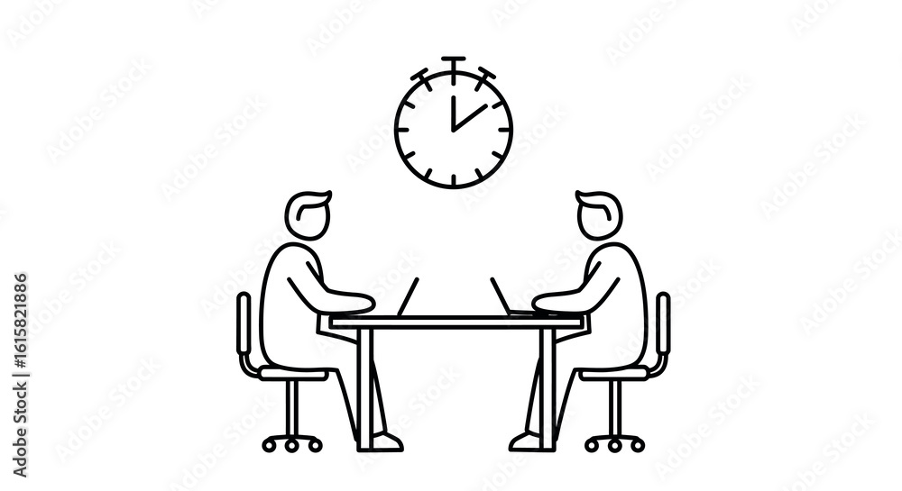 Aufkleber linear office meeting setup with clock and laptops in minimalist style