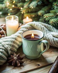 A cozy winter scene with a steaming mug, candles, and a warm scarf creating a festive atmosphere