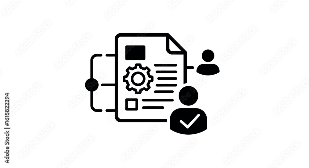 Aufkleber simplified workflow document with user icons and settings gear in black and white
