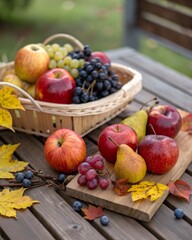 A wooden basket and cutting board are filled with fresh apples pears and grapes in autumn
