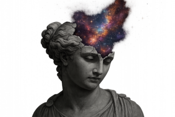 Cracked classical bust releasing a cosmic nebula, a powerful concept for creativity, imagination, and unlocking potential.