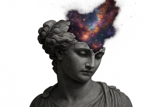 Cracked classical bust releasing a cosmic nebula, a powerful concept for creativity, imagination, and unlocking potential.