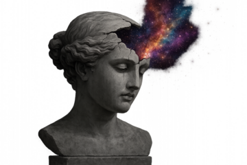 Cracked classical bust releasing a cosmic nebula, a powerful concept for creativity, imagination, and unlocking potential.