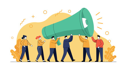 Teamwork communication concept with people carrying a giant megaphone in flat design