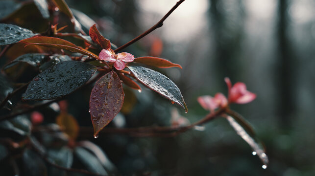 Close up of wet leaves and small pink flowers in a garden after the rain stops
