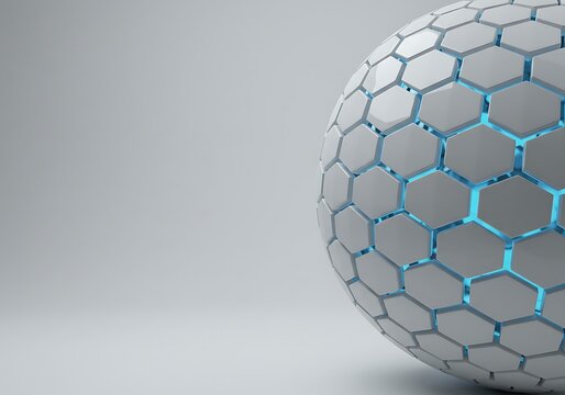 A spherical object composed of hexagonal tiles with glowing blue illumination.