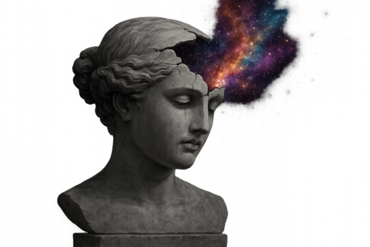 Cracked classical bust releasing a cosmic nebula, a powerful concept for creativity, imagination, and unlocking potential.