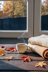 A cup of hot coffee sits on a wooden table near a window with autumn leaves and a cozy blanket