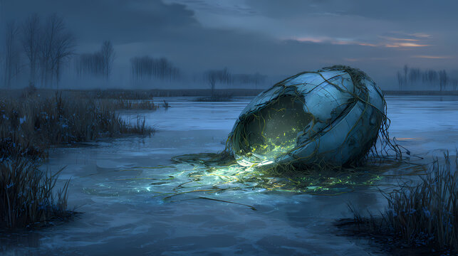 Escape pod lodged in frozen marsh, fractured hatch overrun by glowing aquatic vines. Illustration