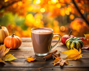 A comforting mug of hot chocolate with cinnamon and autumn leaves on a wooden table in fall