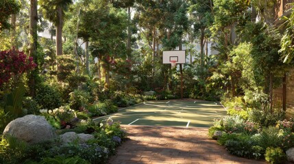 Obraz premium Stunning photo of outdoor Basketball Court in a Lush Garden.
