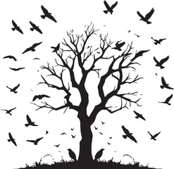 Tree with Birds flying on top tree roof side vector shape 