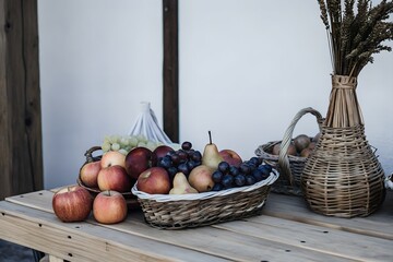 An assortment of fresh fruits elegantly arranged in baskets on a rustic wooden table