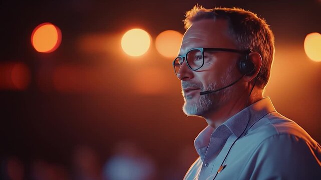 Man speaking stage microphone headset.