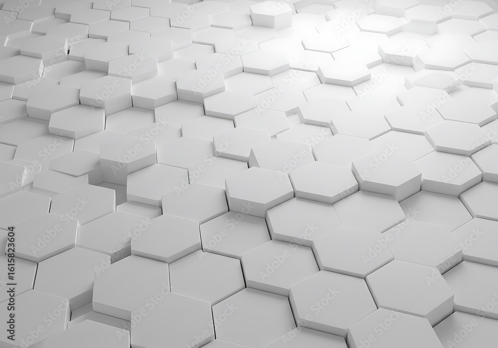 Poster abstract geometric pattern of interlocking white hexagons, creating a textured surface.