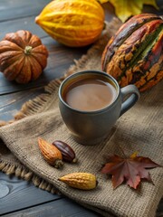 A warm cup of coffee surrounded by autumn gourds and cocoa pods on a burlap surface