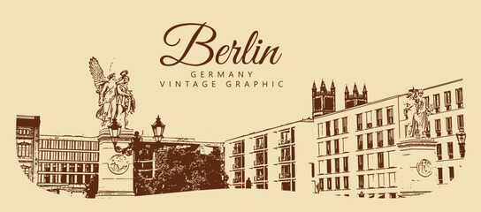 City ancient architecture, Berlin, Germany. Vintage brown and beige graphics, engraved, vector. Old retro design.