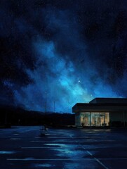 Night scene, building, parking lot, starry sky