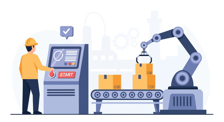 Automation in Industry: Worker Operating a Robotic Arm in a Manufacturing Facility