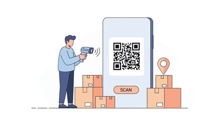 Scanning QR Code: Man Using Barcode Scanner for Package Tracking