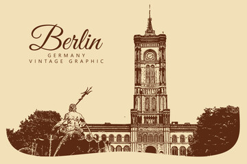 City ancient architecture, Berlin, Germany. Vintage brown and beige graphics, engraved, vector. Old retro design.