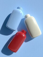 Three differently colored rectangular bottles on a light blue surface, casting shadows