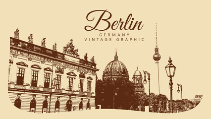 City ancient architecture, Berlin, Germany. Vintage brown and beige graphics, engraved, vector. Old retro design.