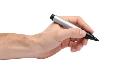 Closeup of hand holding pen against a dark background, study in contrast and minimalism