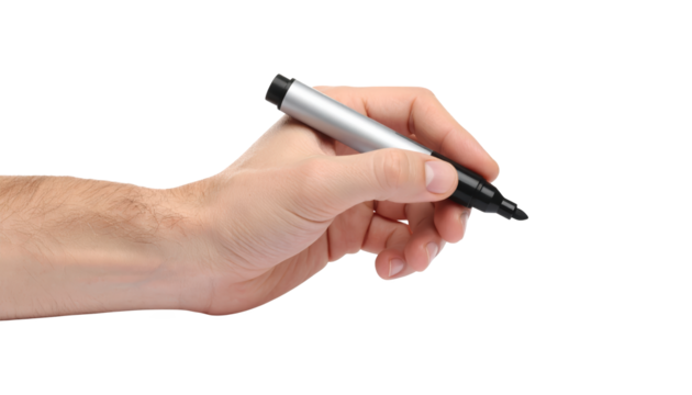 Closeup of hand holding pen against a dark background, study in contrast and minimalism - Powered by Adobe