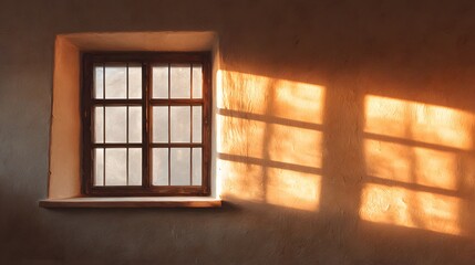 Fototapeta premium Warm sunlight casts shadows on a simple window.
