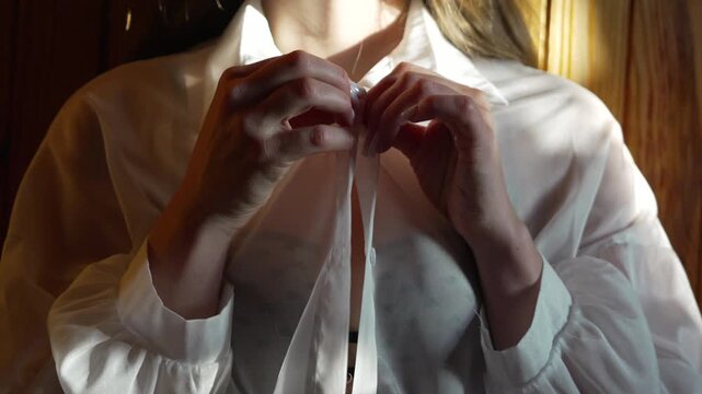 Woman buttoning shirt, close-up, young female getting dressed indoors