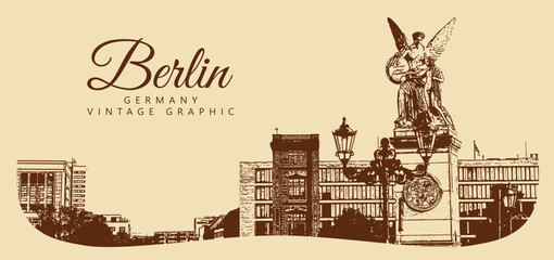 City ancient architecture, Berlin, Germany. Vintage brown and beige graphics, engraved, vector. Old retro design.