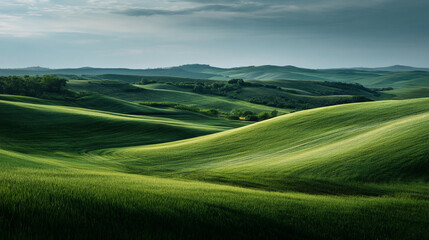 Obraz premium Rolling green hills under a cloudy sky create a peaceful and scenic landscape view