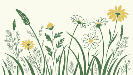 minimalist watercolor wildflower meadow pattern with yellow and white flowers