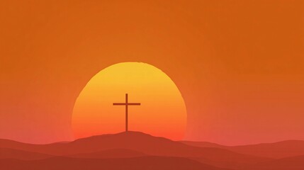 Obraz premium Sunset over a hill with a cross silhouetted against an orange sky