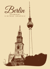 City ancient architecture, Berlin, Germany. Vintage brown and beige graphics, engraved, vector. Old retro design.