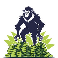 Fototapeta premium Silhouette of Ape Standing on Stack of Money Vector | Business Wealth Concept | Financial Success Graphic | Jungle Power Illustration for Marketing and Investment Themes