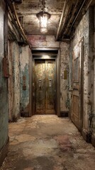 Fototapeta premium Stunning photo of surreal Abandoned Elevator in Gritty Hallway.