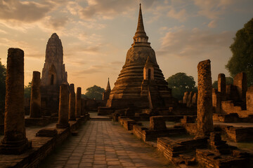 Obraz premium Majestic Ancient Temple Ruins Illuminated by Glowing Sunset in Historical and Scenic Setting
