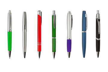 Assorted Colorful Pens Neatly Arranged in a Row Representing Office and Writing Supplies