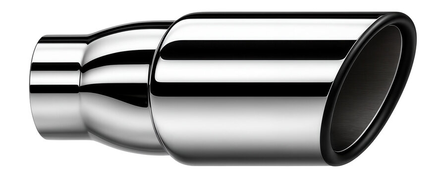 Dual outlet exhaust tip with polished chrome finish and curved edges