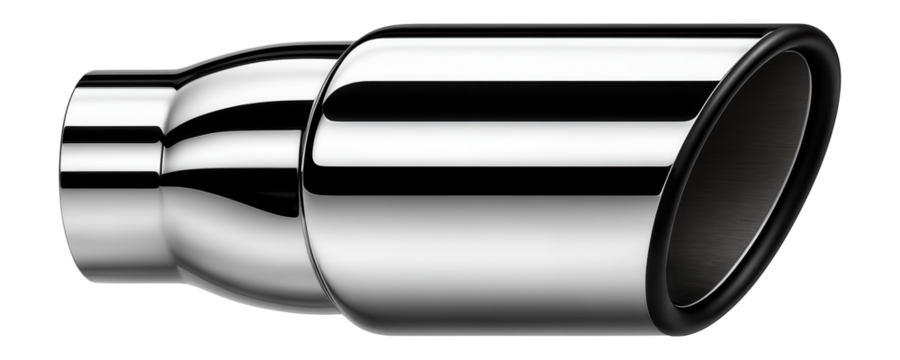 Dual outlet exhaust tip with polished chrome finish and curved edges