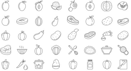 Line art illustration featuring a variety of food items suitable for kitchen use