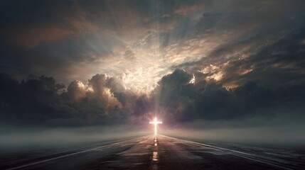 Sunlight breaks through dark clouds illuminating a cross at the end of a deserted road during twilight