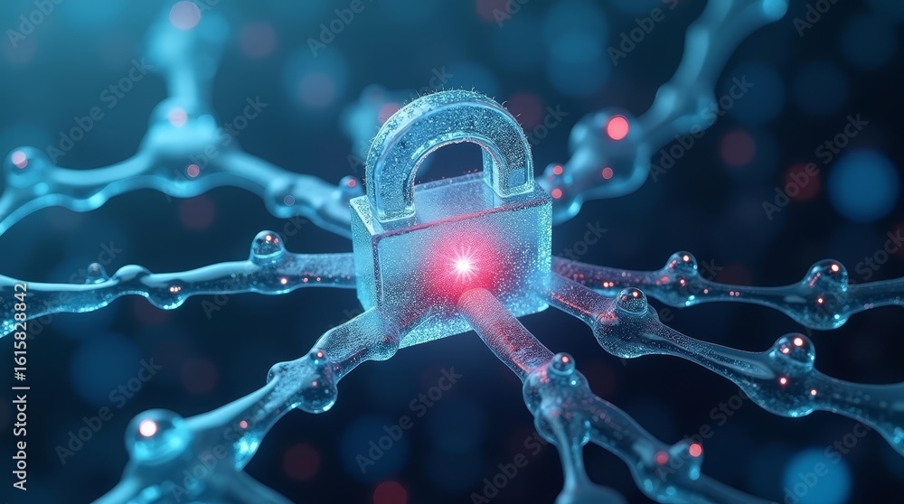 Poster frozen digital network with red alert glow representing cyber lockdown