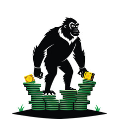 Fototapeta premium Silhouette of Ape Standing on Stack of Money Vector | Business Wealth Concept | Financial Success Graphic | Jungle Power Illustration for Marketing and Investment Themes