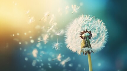 A dandelion seed head with some seeds being carried away by a gentle breeze, symbolizing change, letting go, and new journeys, soft, ethereal light, shallow depth of field.