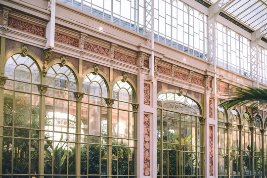 Hivernacle glasshouse exterior with tropical plants in Parc de la Ciutadella, Barcelona